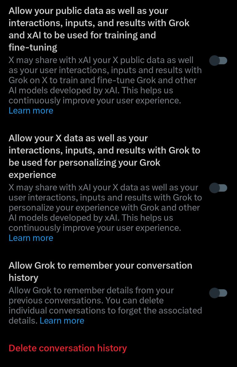 kitty_bit_games's tweet image. I've had this app turned off forever but some may not. 
To limit these stupid AI features:
Acct settings &amp;gt; 
Privacy and Safety &amp;gt;
Grok &amp;amp; Third party collaborators &amp;gt;
Turn all those boxes off.

Delete conversation at bottom option is for if you've used Grok.

I also recommend…