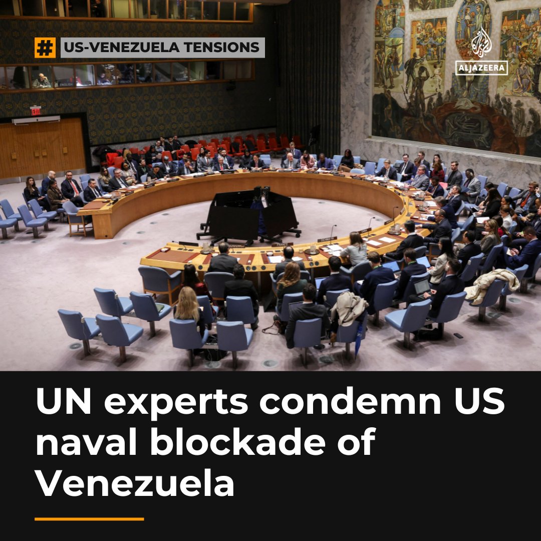 AJEnglish's tweet photo. UN human rights experts condemn US partial naval blockade of Venezuela as illegal, urge Congress to act https://t.co/JCldjHY2EP https://t.co/5GaOqdygyU