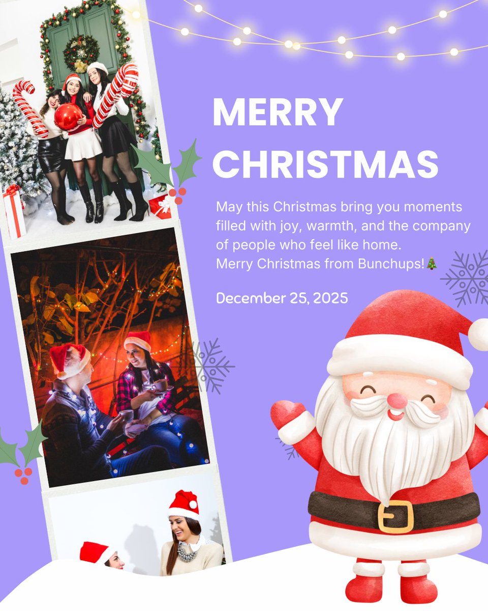 bunchups's tweet image. This Christmas, enjoy good energy, company, and lasting memories. Here's to connection, kindness, and sharing the season with your people.
Merry Christmas from Bunchups! 🎅🎄

#Bunchups #MerryChristmas #FindYourPeople #SharedInterests #MakeRealConnections #TogetherIsBetter