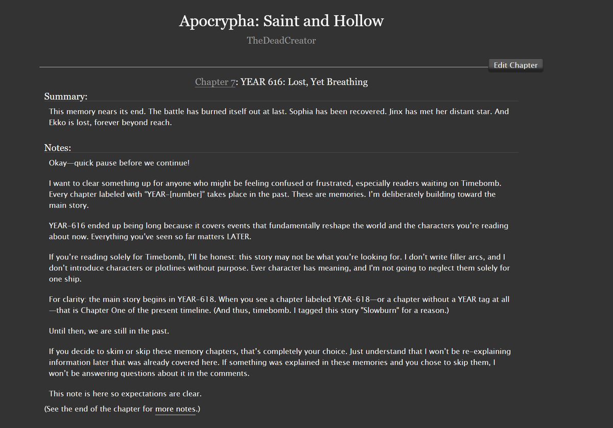 Apocrypha: Saint and Hollow Chapter 7-     

YEAR 616: Lost, Yet Breathing.   

This memory nears its end.

archiveofourown.org/works/74924081…