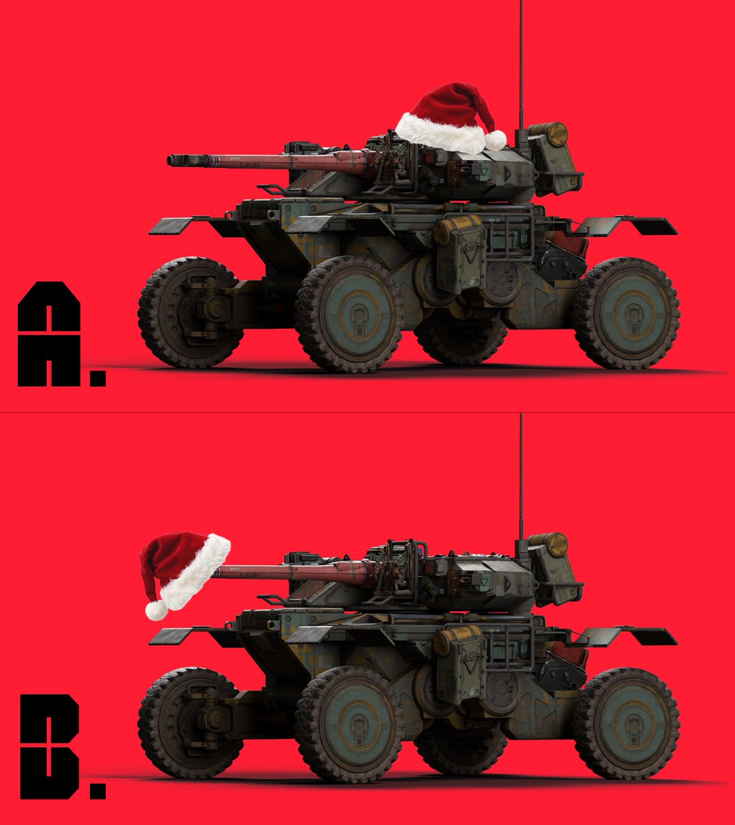 playtankrat's tweet photo. FESTIVITIES.

If a tank wore a hat, would it wear it like A or B? https://t.co/8gi1KtXYOB
