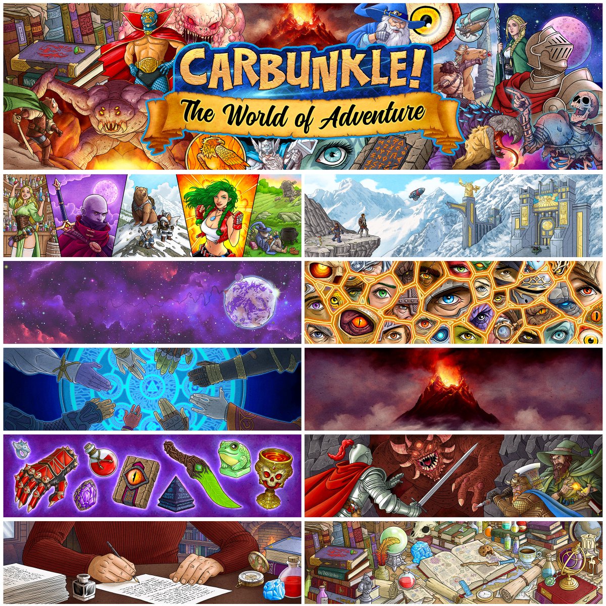 carbunkleworld's tweet photo. I finished the final header for the website! Seeing them all together like this hopefully shows that I am building a colorful and vibrant fantasy world with Carbunkle!. To be fair, I lack the artistic ability to do drab, moody, and muted colors anyway, so vivid color it is! https://t.co/XVkSWiCPa1