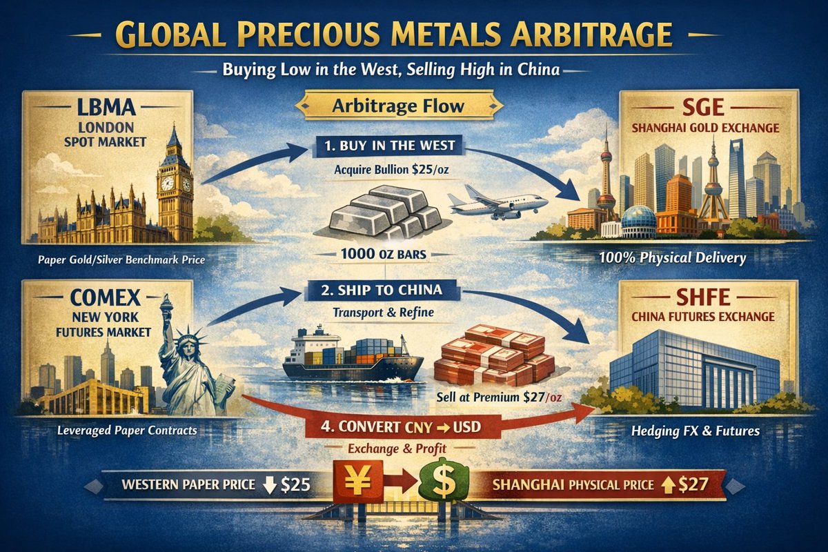 ApollosChariot7's tweet image. GLOBAL SILVER &amp;amp; GOLD ARBITRAGE, HOW IT REALLY WORKS: Western markets set the paper price.
China sets the physical price.
Arbitrage is the bridge between the two… 
until it breaks🧵