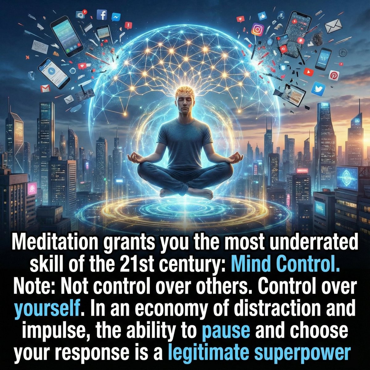 pinealage's tweet photo. Meditation grants you the most underrated skill of the 21st century: Mind Control.

Note: Not control over others. Control over yourself.

In an economy of distraction and impulse, the ability to pause and choose your response is a legitimate superpower. https://t.co/3XrxVsMhgD