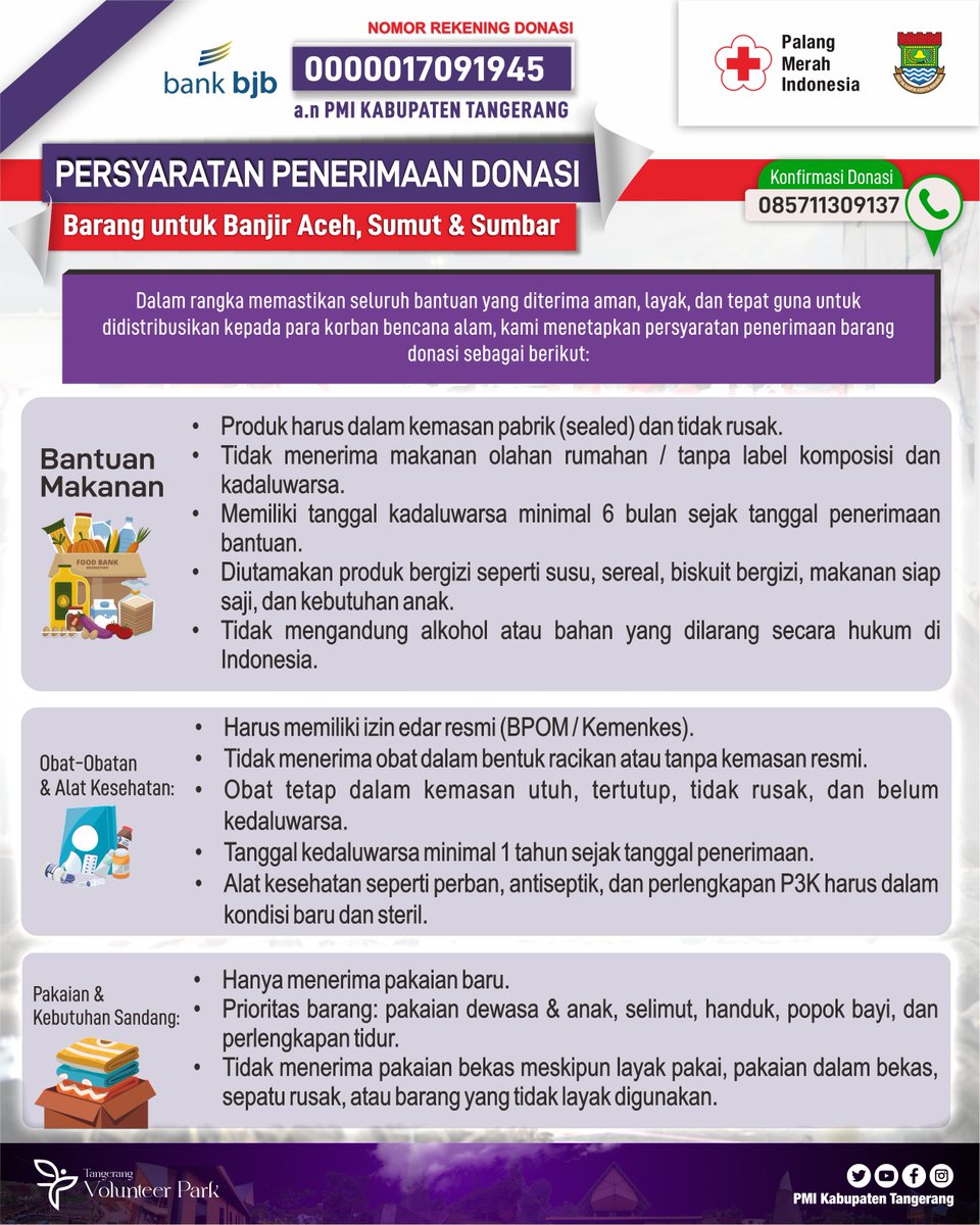 📢 UPDATE DONASI KEMANUSIAAN
Banjir Aceh, Sumatera Utara &amp; Sumatera Barat
📅 25 Desember 2025
⏰ Pukul 07.00 WIB

📌 Rekening Donasi:
🏦 Bank bjb
💳 0000017091945
a.n PMI Kabupaten Tangerang

📲 Konfirmasi Donasi:
📞 0857 1130 9137 (WhatsApp)