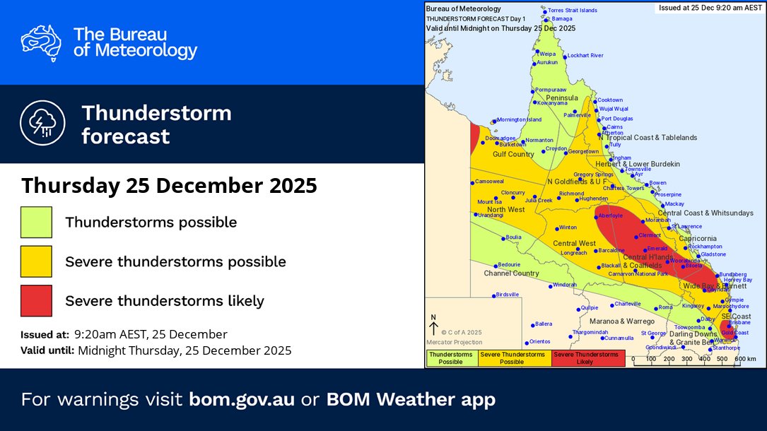 BOM_Qld's tweet photo. ⛈️Thunderstorm forecast for today (25/12):
🟢Non-severe thunderstorms possible except in southern inland.
🟡Severe thunderstorms possible across northern, central and #SEQ.
🔴Severe likely in the far northwest, and between #Hughenden and #HerveyBay.
https://t.co/4B5ukOXCcR https://t.co/sHt1Ksyhwt