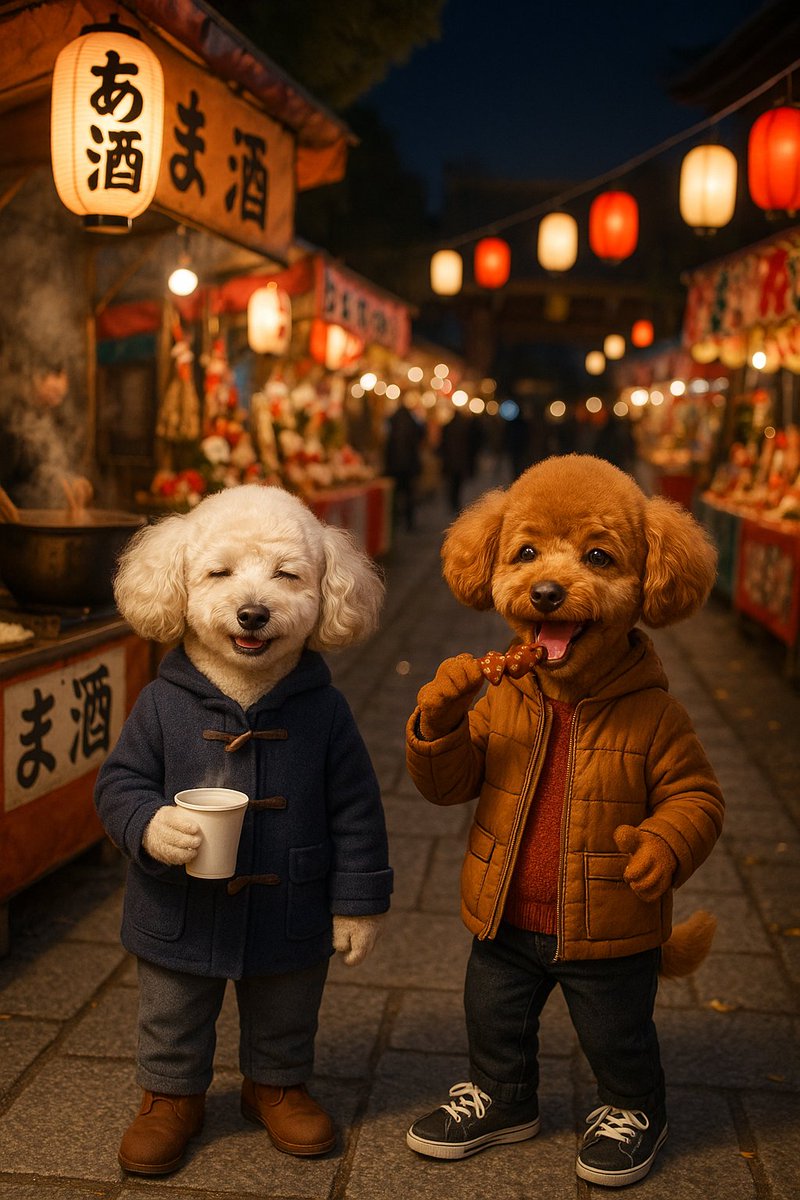 本日のワンショット🐶
🐾実写風シリーズ🐾

終い天神の夜、甘酒でほっとひと息のくぅちゃん😊

牛串に夢中のてんちゃんも大満足😋

年の瀬の灯りにふたりの笑顔がより温かく映る✨

でちゅ～～～🐶💕💕💕
#トイプー
#犬好きさんと繋がりたい
#AIイラスト
#天神の縁日
#終い天神