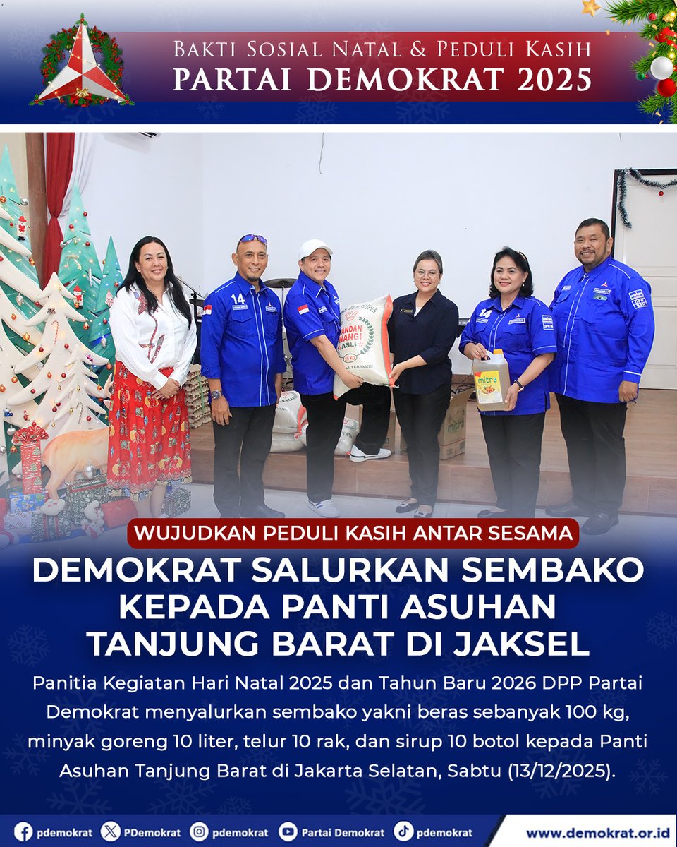 DPP Partai Demokrat menyalurkan sembako yakni beras sebanyak 100 Kg, minyak goreng 10 liter, telur 10 rak, dan sirup 10 botol kepada Panti Asuhan Tanjung Barat di Jakarta Selatan, Sabtu (13/12/2025).

#ahy #demokratpedulikasih #natal