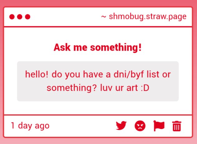 Shmo_Bug's tweet image. hallo! I haven't made one but I follow pretty basic rules, dni if proship, and don't be like gross to me :) and ty !!!