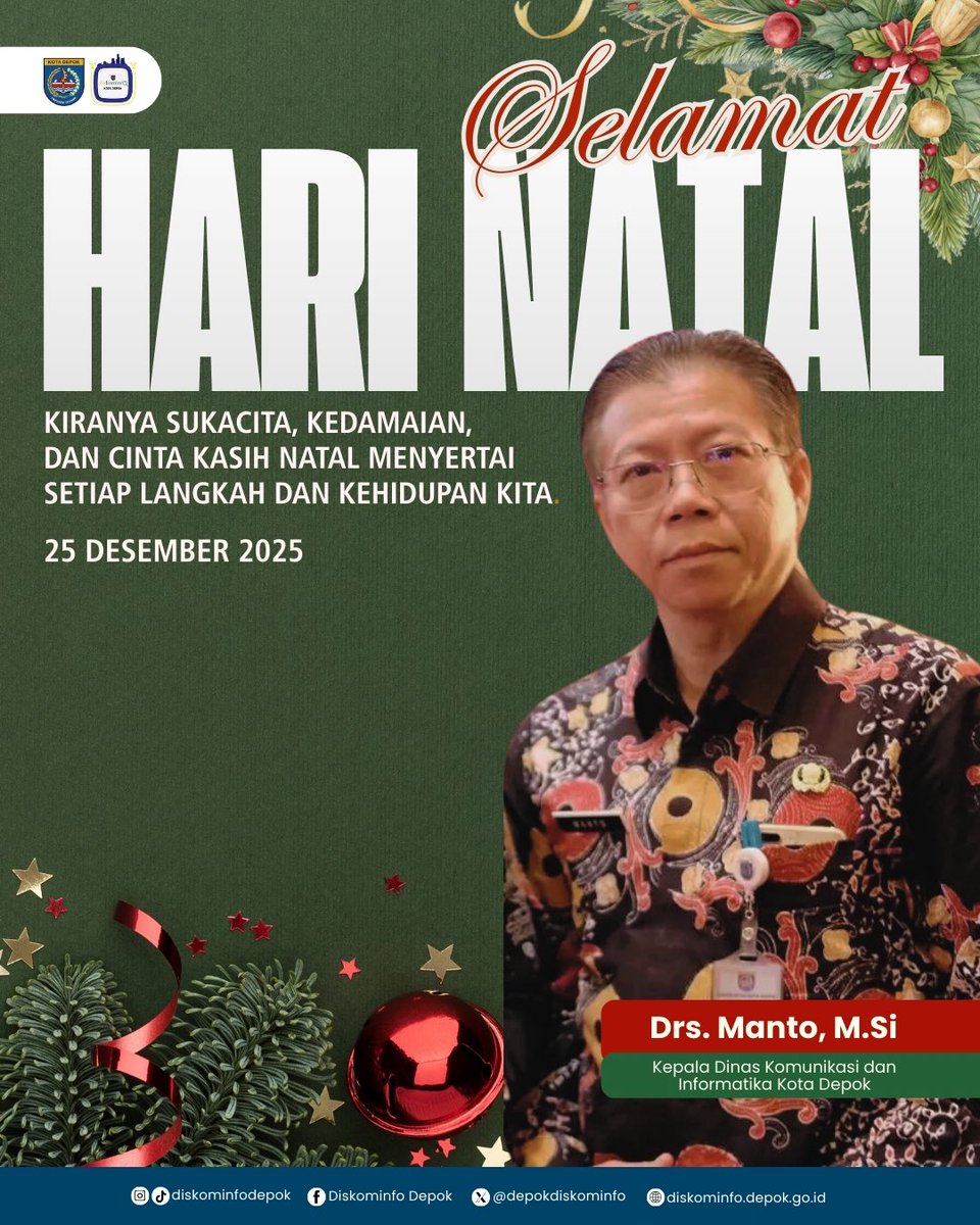 Keluarga Besar Diskominfo Kota Depok mengucapkan Selamat Hari Natal 2025 🎄

Semoga cinta kasih dan kedamaian Natal menyertai kita semua.

#DiskominfoDepok #Natal2025 #BersamaDepokMaju