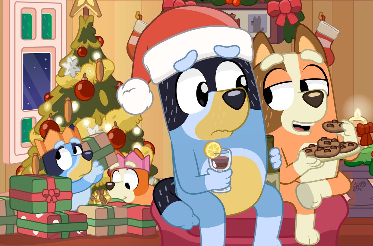 judacris's tweet photo. "You get the grape juice🍷,
and I get the cookies🍪."  

Happy Heelerdays from your 𝑛th favourite Bluey fanartist! https://t.co/bKhZoeT3qI