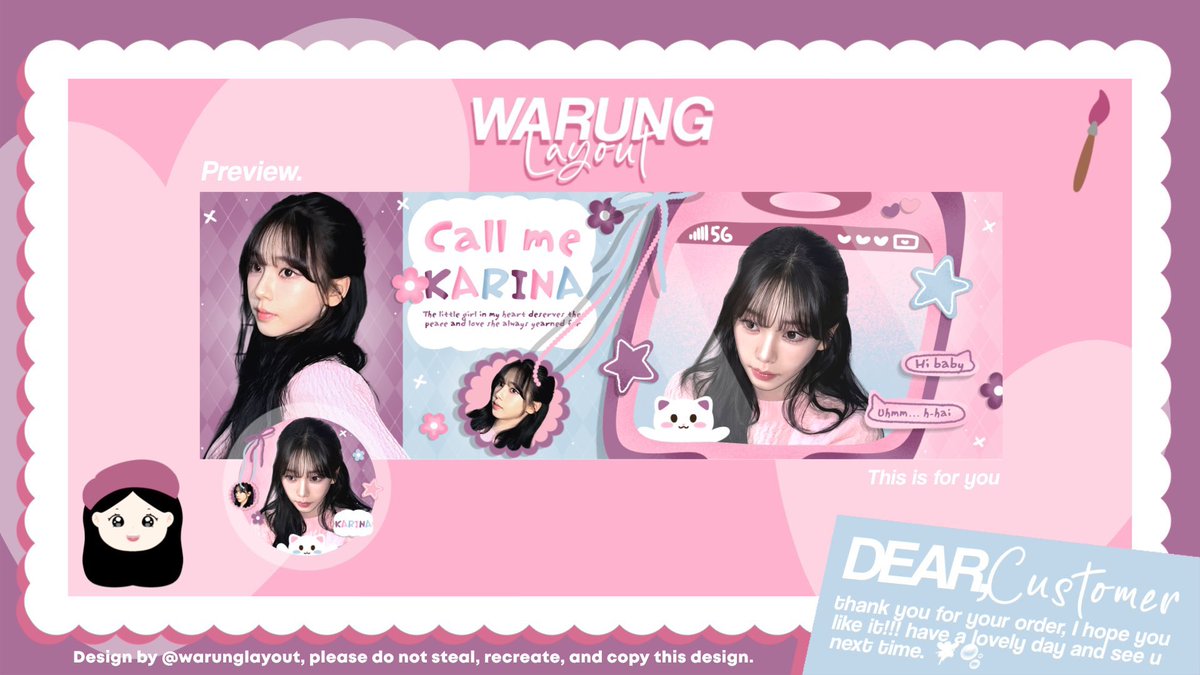 warunglayout's tweet image. — help RT thankyou 🎀

hi guys aku ada layout ready stock karina terbaru, bisa langsung kalian order sekarang juga 💖

price cek Alt
free retext
avail resize wabis + bundle

dm for order...💌
#zonauang #zonajajan