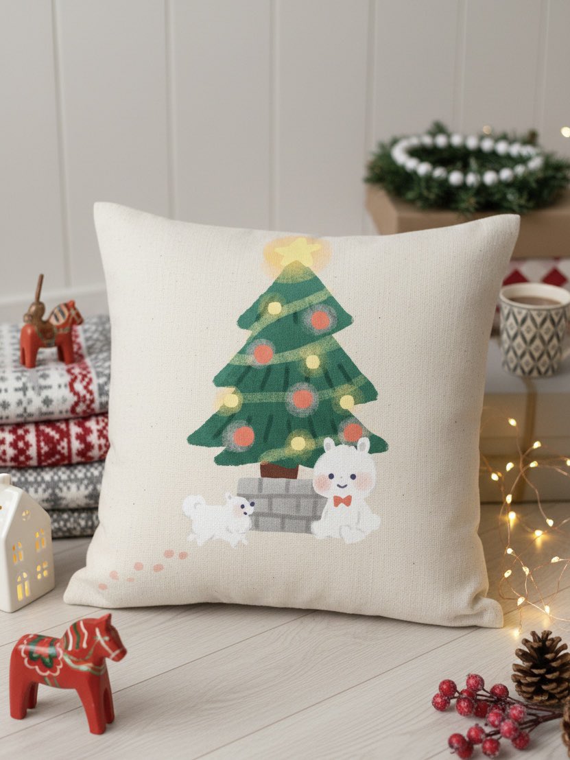 emi_graphics's tweet photo. Happy Merry Christmas! 🎄✨
サンタさんは来ましたか？？

自分のイラストの商品モックをAIに作ってもらうのが楽しくてずっと遊んでしまいます。クッションいいな〜作りたいな〜 https://t.co/DRIWtMAUi6