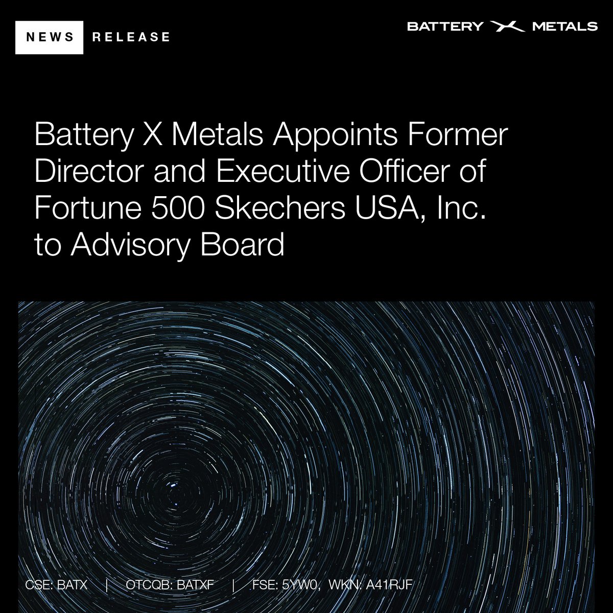 BatteryXMetals's tweet photo. Battery X Metals announces the appointment of Jeffrey Greenberg to Advisory Board, former Director and founding-family executive of Fortune 500 company Skechers USA, Inc.

Read more: https://t.co/hmUQxwBCYU 

#JeffreyGreenberg #CleanEnergy #EV #BatteryTechnology #EnergyTransition https://t.co/pQbFl1uHow