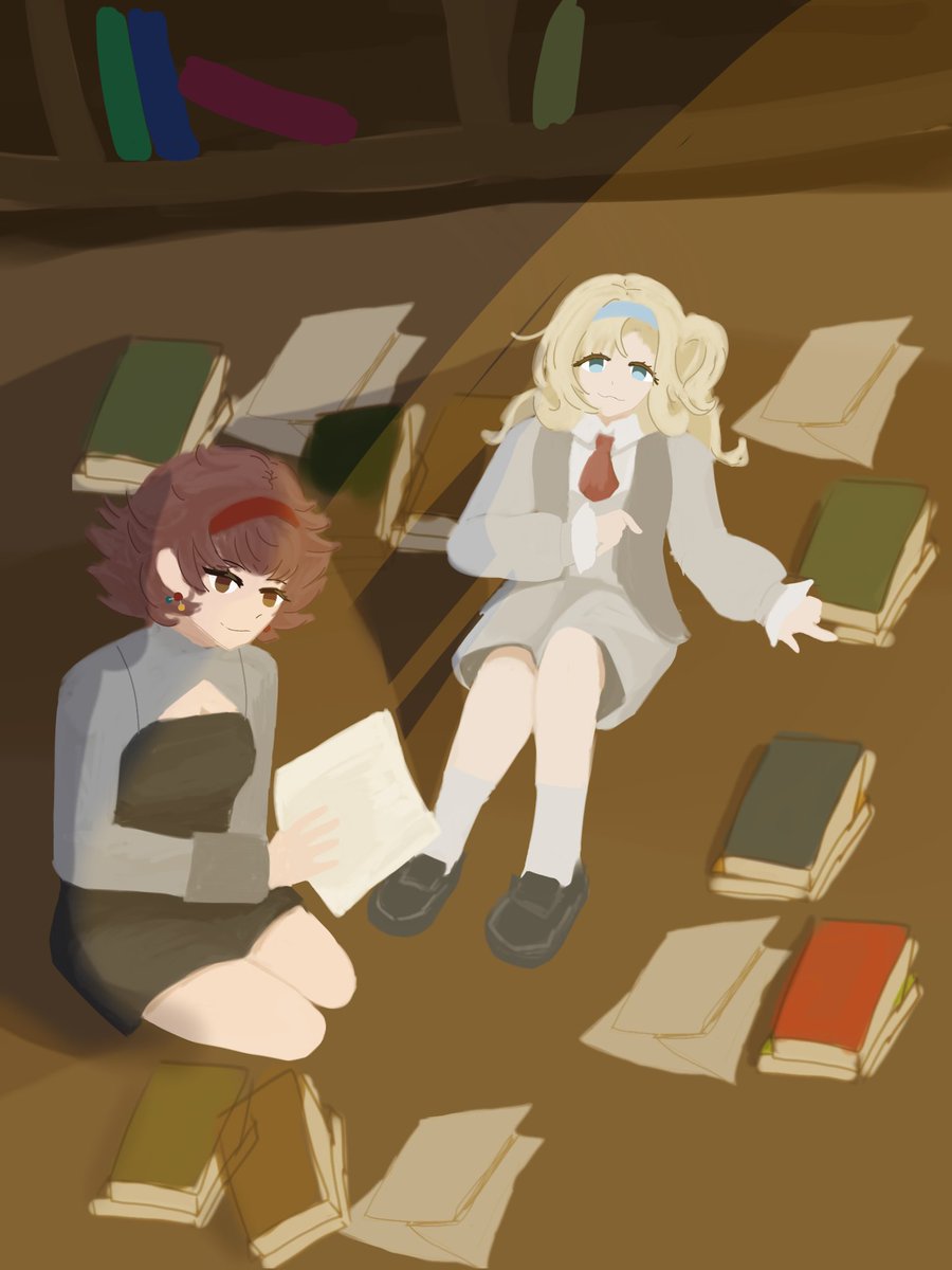 Kagamimasho's tweet photo. Finally it's time for #r1999secretsanta2025 

#matilda and #mesmerjr spending their time in the library 

for @/Monochrome__ink https://t.co/X1GFyjCMF1
