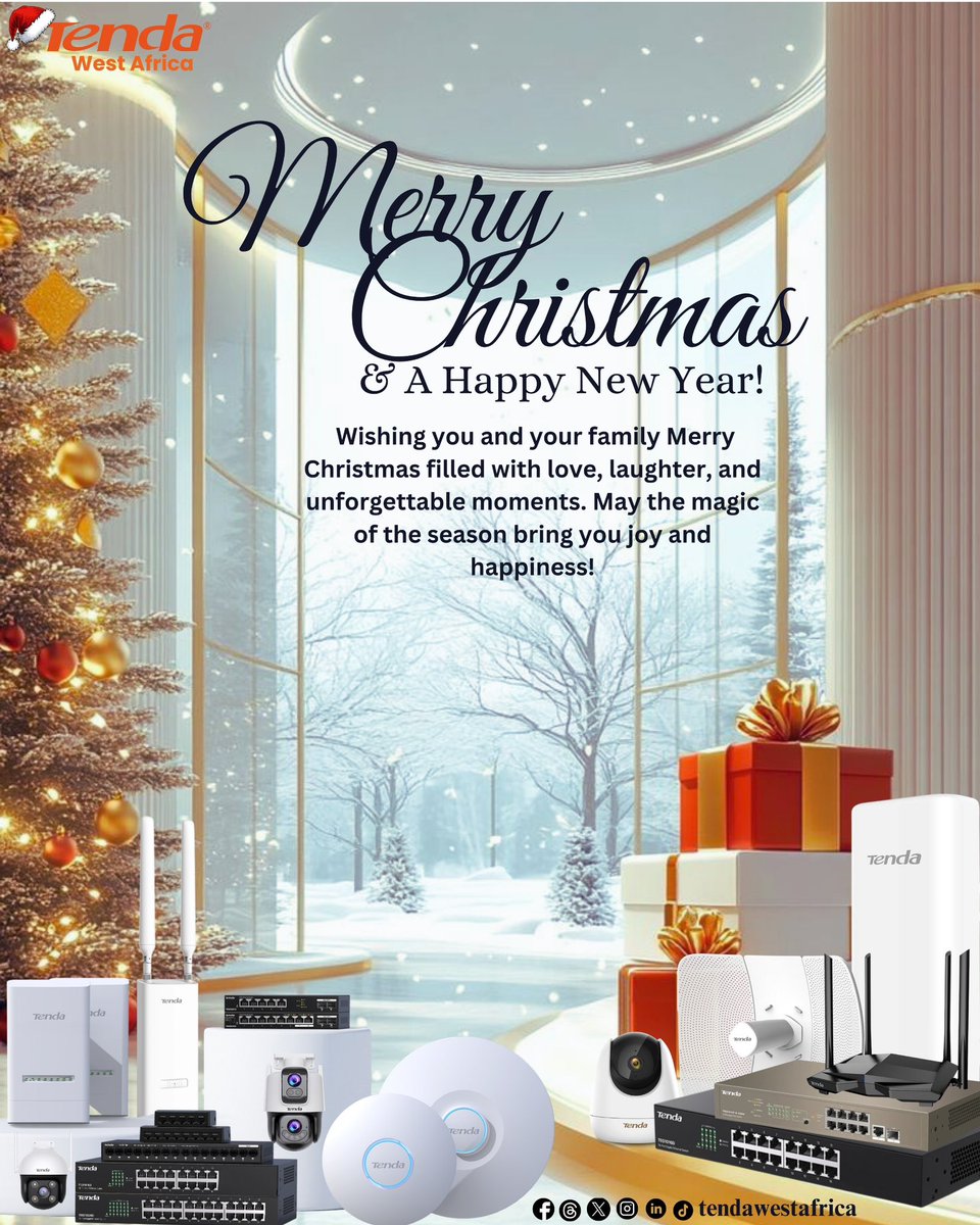 tendawestafrica's tweet photo. 🎄✨ Season’s Greetings from Tenda West Africa! ✨🎄
Merry Christmas to all our esteemed customers
#MerryChristmas #HappyNewYear #SeasonGreetings #TendaWestAfrica #ConnectedForLife #SmartNetworking #WiFiSolutions #SecuritySolutions https://t.co/VQSnxfB9WR