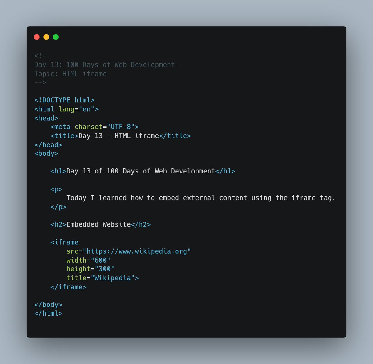 thetechgirlgita's tweet photo. Day (13/100) Web Development Learning Challenge
1. Embedding external content using iframe tag.
GitHub repository: https://t.co/n06mOyX0ev
#100DaysOfCode #WebDevelopment #HTML #Day13
#thetechgirlgita #100daysofchallenge #recentgraduate https://t.co/cS8w2QUolA