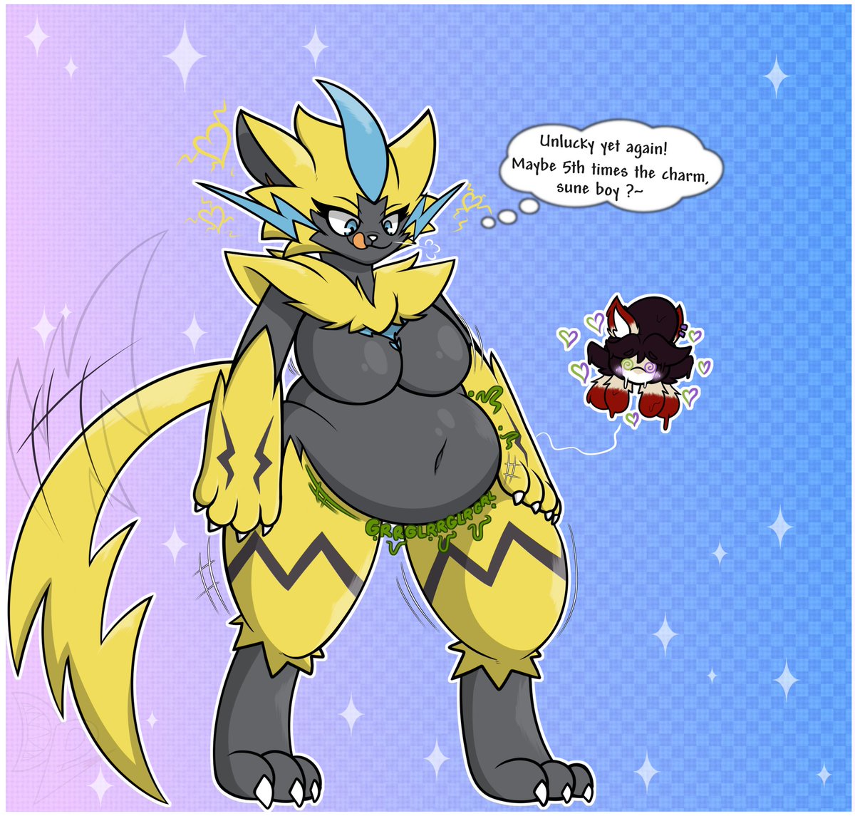 A game I play had a Zeraora skin that my friend gave me money to pull for, and ended up getting four dupes of other characters. Got her on the 5th try, and was tasked with doing this as a result of my failures...becoming Zera sludge....
Commission for <a href="/SkwovetOps/">SkwovetOps</a>~
#vore #zeraora