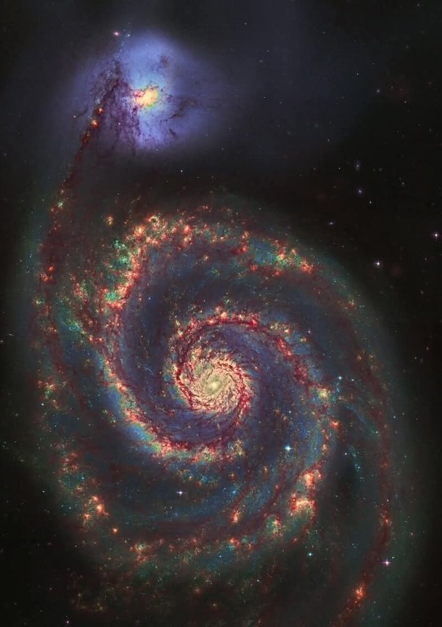 The iconic Whirlpool Galaxy (M51/NGC 5194) – one of the most breathtaking sights in the night sky! This face-on grand-design spiral, with its perfectly defined arms, is locked in a gravitational dance with its smaller companion NGC 5195 (visible connected by a dusty bridge). The