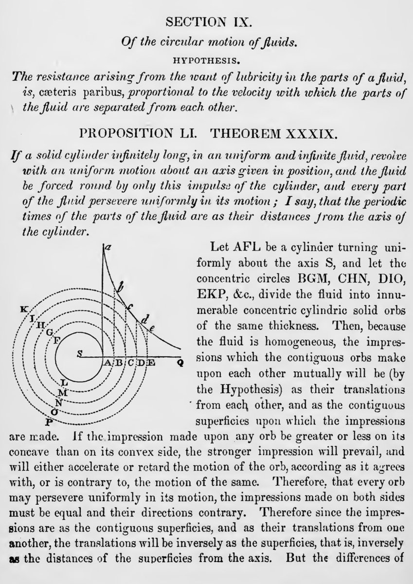 gammaofzeta's tweet photo. According to the Julian calendar, today is Newton’s birthday (Newtonmas). So, I’ll talk (briefly) about one of my favorite parts of Newton’s Principia:

In his Principia (Book II, Section IX), Newton provides a hypothesis that serves as the foundational statement of what we call: Newton’s law of viscosity (for Newtonian fluids, i.e.: fluids where internal resistance -want of lubricity- doesn’t change with shear stress).

This law can be summarized as follows: the shear stress τ -which is the tangential (to the surface) component of a force acting on a fluid divided by the area, is proportional (linear relationship) to the rate of shear deformation (the velocity gradient du/dy, where y is a vertical distance), assuming constant conditions. 

Thus, \tau = \mu \frac{du}{dy}, where \mu is the dynamic viscosity of the fluid.

Historical value: Newton used this hypothesis to debunk (propositions  LI, LII) Descartes’ vortex theory for celestial motion.

Happy Newtonmas and happy Christmas to all my christian /catholic friends!🎄