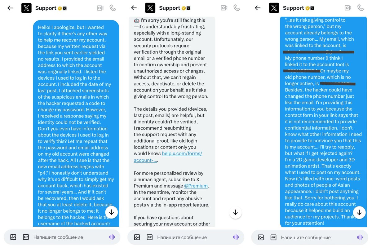 AV__CB's tweet photo. Thanks, @elonmusk, for the technical @Support, which doesn't help. "Was your account hacked and the data changed? Please provide us with the changed data. We don't know how. Please sign up for a paid subscription, then we can help, but it's not guaranteed."
#X #Support #ElonMusk https://t.co/AEFRGwMzAm