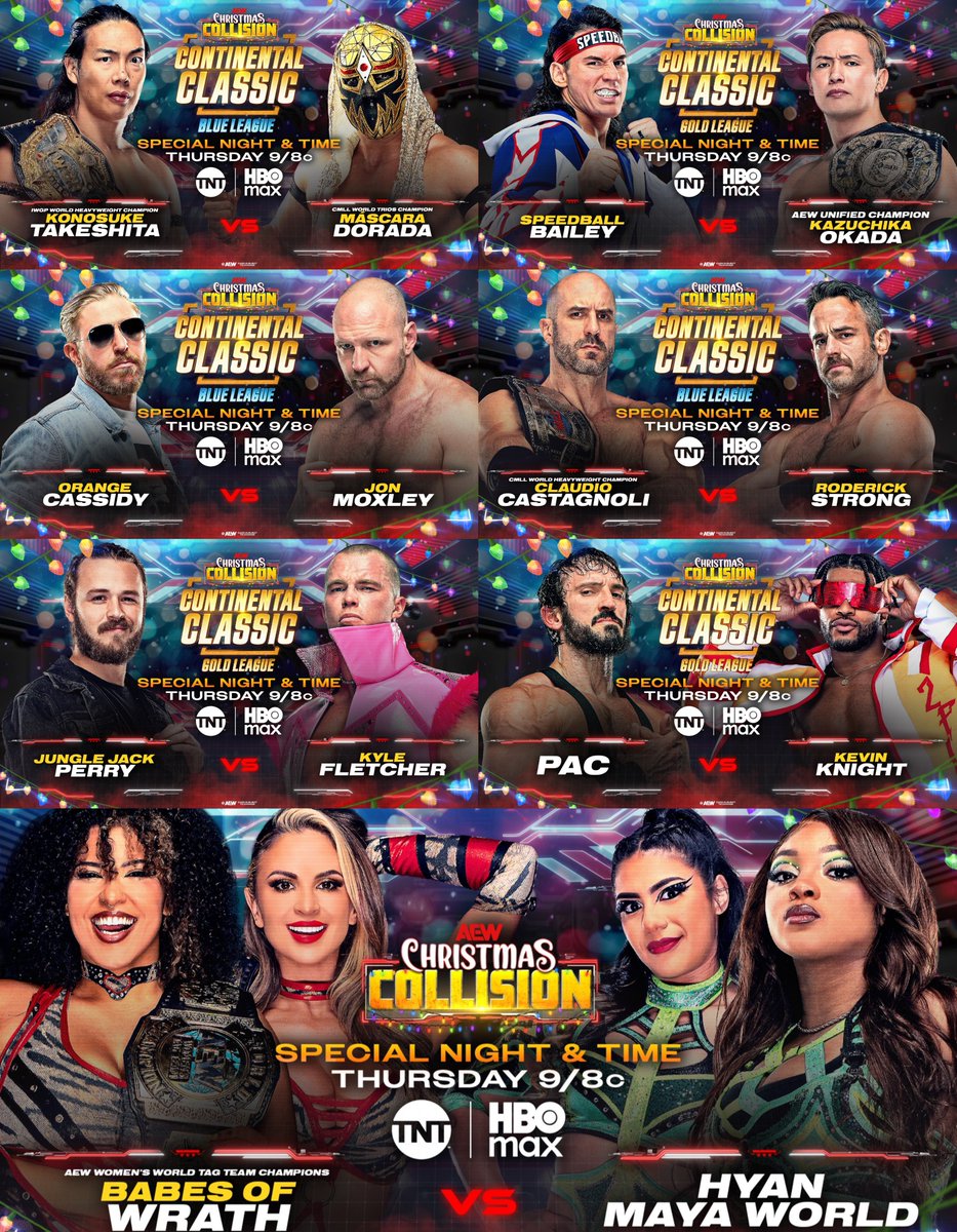 DrainBamager's tweet image. Christmas Collision card for 2½ hours. Packed lineup, perhaps the greatest Collision ever assembled.

The go-home show to Worlds End. 🔥