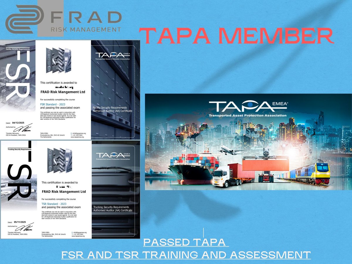 Frad_Group's tweet photo. #Frad has passed TAPA FSR and TSR training and assessment, becoming a TAPA member.🎉
This milestone strengthens our logistics risk management capabilities,helping clients reduce risk,enhance global operational safety,and minimize claims in line with international standards.
#TAPA https://t.co/OW7GzuR4Lg