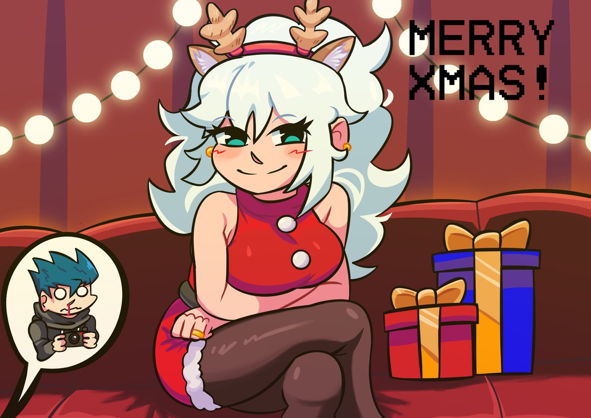 Pokezzzzzzz's tweet image. Merry Christmas guys!! Let me make this lil come back to art with a festive outfit for Yuki! (Yes that’s her new name)

+ alt with Alan he seems to be very conflicted 

(Please follow me guys I wanna have 1k b4 2026 😭😭🙏)

#art #fridaynightfunkin #Christmas #ocart