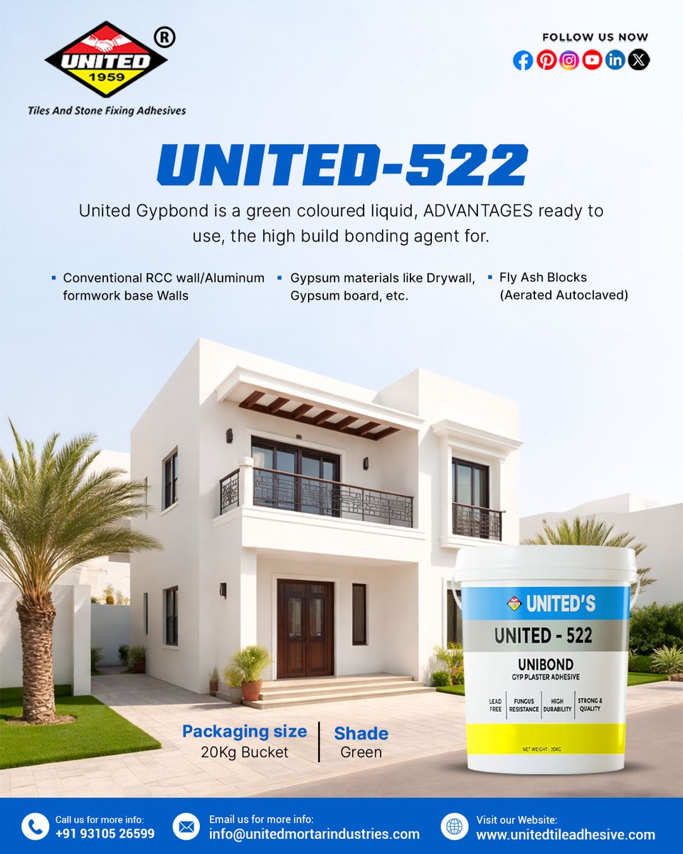 unitedadhesive's tweet image. Contractors &amp;amp; Builders, upgrade your work quality!
UNITED-522 UNIBOND offers superior bonding for gypsum plaster applications with a smooth, durable finish.
✔ Faster application
✔ Trusted quality
🌐 unitedtileadhesive.com
#ContractorChoice #UnitedMortarIndustries