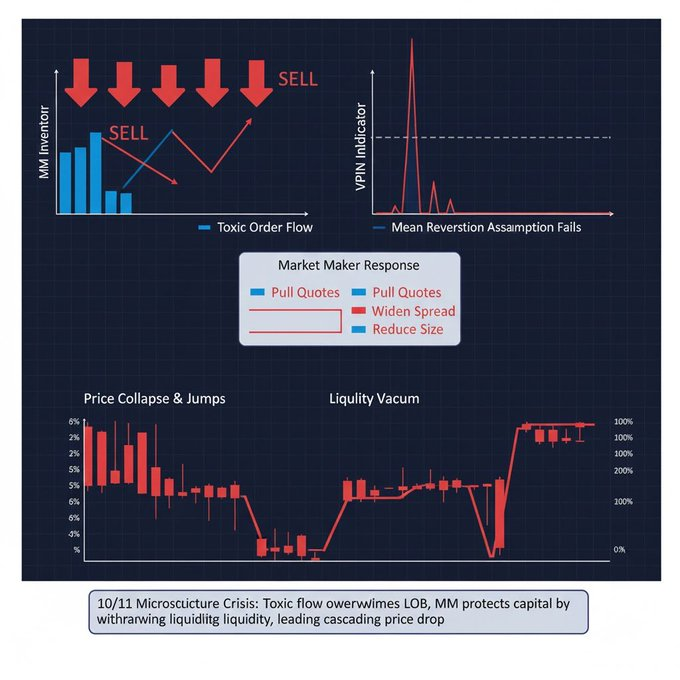 bc1qDave's tweet photo. Attack on MM  2: Market Makers' Order Book and Order Flow

Why do things always go wrong shortly after buying altcoins? Why can't seemingly massive market makers hold up against the selling pressure during the 10/11 event? Why did every market maker (MM) I chatted with after 10/11 calmly say they didn't lose much that day—or even profited? This article will introduce market makers' order books and order flow for everyone.

1. Limit Order Book (LOB)
The battlefield for market makers isn't the K-line chart—it's the LOB.Core concepts:

Depth: The amount of hanging orders at each price level.
Tick Size: The minimum unit of price change. In high-frequency environments, tick size is crucial for queuing strategies.
Price Improvement: When you offer a price better than the current national best bid and offer (NBBO), you create value for the market.

For example, if BTC's current bid is $100,000 and ask is $110,000, if you bid at $101,000, you've narrowed the spread and created value for the market.When I was writing this article, I thought about how to explain this section to everyone. In the end, I figured nothing beats showing a real order book directly. Let me give a shoutout to my good friend at BG—using BGB as an example.

The image on bottom is BGB's order book at the minimum tick size. We can see the smallest tick is 0.001, the current market depth is only over $1,000, the spread is tightly controlled down to the minimum tick size. At the same time, the depth is distributed in a "Christmas tree" shape—larger orders farther from the mid-price. But when we zoom out the tick size a bit, we'll find that depth should actually be trumpet-shaped: larger orders closer to the mid-price for better liquidity, and fewer orders farther away (one reason for the liquidity vacuum during the 10/11 event).

2. Market Makers' Profit Source: The Spread
The spread isn't just profit—it's mainly composed of three costs:

Order Processing Cost: Exchange fees, hardware latency, manpower.
Inventory Risk: The risk of adverse price moves while holding positions (covered in the previous episode).
Adverse Selection Cost: This is the core—when you trade, the counterparty might have information you don't. In other words, you might get sniped by an insider.

There are also three types of spreads: Quoted Spread, Effective Spread, and Realized Spread.The quoted spread is the easiest to understand: the ask-bid difference. The realized spread measures the market maker's actual profit after price adjustments:
2 × (P_trade – P_future_mid)

This incorporates the future mid-price, somewhat like an opportunity cost.

3. Order Flow
Order flow is the incoming orders that market makers receive. This is a deep topic—market makers perform various operations on order flow, such as hedging, matching, adjusting hanging orders, etc., in order to manage their book. 

There are many professional concepts and techniques here, even involving legal issues—like agency trades can't be matched against principal trades due to conflict of interest (but crypto doesn't care about this).This article will only introduce two concepts: Order Flow Toxicity and VPIN. 

If any MM boss wants to hire me, I'll update more professional order flow management for fans (open to jobs !

Toxic Flow refers to orders from informed traders who know prices are about to move, causing losses in realized spread because they trade on insider info about P_future_mid. So as market makers, we have to watch out for getting sniped by toxic insiders.

Non-Toxic Flow (Noise/Retail Flow) comes from retail traders or passive rebalancing funds. This is market makers' favorite "food."

To protect themselves, market makers have anti-toxicity mechanisms that adjust quotes. A simple way to prevent toxicity is to assume all aggressive orders are toxic—say, aggressive buys—so the MM immediately lowers their reservation price and shifts quotes downward overall. This also answers the question from the last episode: why do we always buy at the high? Because market makers adjust quotes for risk control. 

But a smart reader might ask: what if an insider aggressively buys in bulk, stubbornly eating through the book with their info advantage? Yes, that might be what happened during 10/11—and why even billion-dollar asset MMs couldn't hold the sell-off. Here comes the core metric: 

VPIN (Volume-Weighted Probability of Informed Trading)

VPIN ≈ the probability in the current market that market makers are being continuously hit by one-sided flow. When there's massive unidirectional pressure, MM inventory accumulates on one side, mean reversion assumptions fail, and at that point, MMs pull quotes—withdraw liquidity temporarily to wait for order flow to symmetrize. But what if symmetrization doesn't come? Or if the flow imbalance is so extreme it blows up the MM? That's the 10/11 disaster. I kinda want to do an episode on how exchanges profited from 10/11—let me know if you're interested.

Back to the topic: After VPIN spikes abnormally, MMs pull quotes, widen spreads (to earn more "service fees" compensating for positional losses), or shrink sizes to control inventory buildup speed.

This episode wraps up the first part of our market maker story. From a retail perspective, the truth behind the legendary "dog banker" manipulation has been revealed. Next, from the MM angle, I'll introduce more "institutional" topics—hold on tight. 

Like anime episode previews at the end: Preview for Attack on Market Makers Episode 3: If we enter the Jujutsu Kaisen world, where order flow is "cursed energy" and quoting is "technique," then in the next episode, we'll explore "domain expansion" in market making.