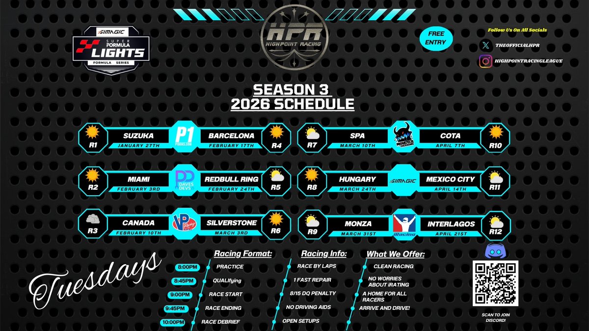 Super formula lights is an arrive &amp; drive.

Season 3 kicks off January 27th!! Grab your friends &amp; rivals for this epic season!🏎️

#iRacing
#SimRacing
#iRacingLeague
#VirtualMotorsport