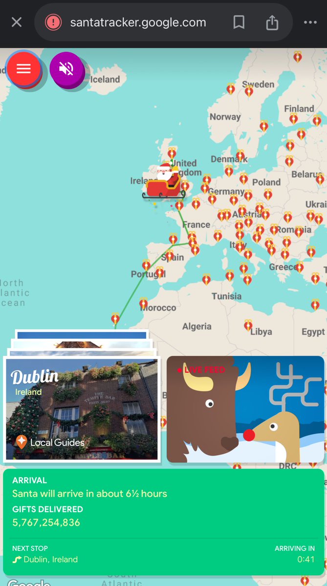 OhItsTeddy's tweet image. The Google Santa tracker and the NORAD tracker do not show Santa in the same location. 🤔