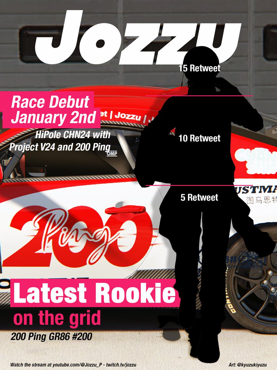 jozzu_p's tweet image. New design, who dis? 👀 Retweet to reveal more!

Proud to join Project V24 on their CHN24 endurance race in the Nordschleife 😤 I will be driving the GR86 Cup as team 200 Ping with a few other Indonesian vtubers! You can almost see their names on the car...

🎨 @kyuzukiyuzu