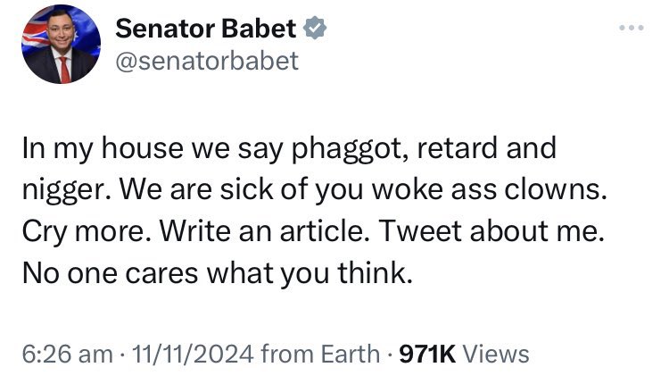 colonelhogans's tweet image. HOW and WHY does a member of the Australian senate, receive zero scrutiny or punishment for making vile, sick, homophobic rants like this? 

I know! 

He’s a far right MAGA cult member, who dreams of sucking Trumps toes. 

Immediate exemption by Australian media!