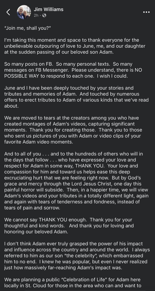 _BrianDaniels's tweet image. Adam the Woo’s father, Jim, posted this today on his Facebook. Glad to see that there will be a public Celebration of Life for Adam. I can’t imagine what they are going through or how this feels for them. 

Link to his post: 

facebook.com/share/p/1D6Xzh…
