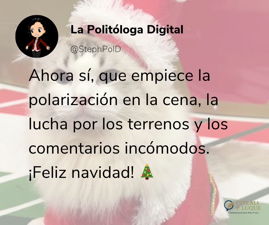 ¡Feliz Navidad! 🎄

Que tengan buenos debates, que nadie pueda con su argumento  y que la única polarización sea por la elección de con o sin pasas en la ensalada jeje.

Les abrazo a la distancia.

#navidad #politóloga