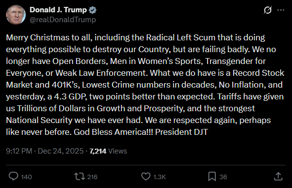 📉KOBEISSI: Messaggio di Natale del Presidente Trump