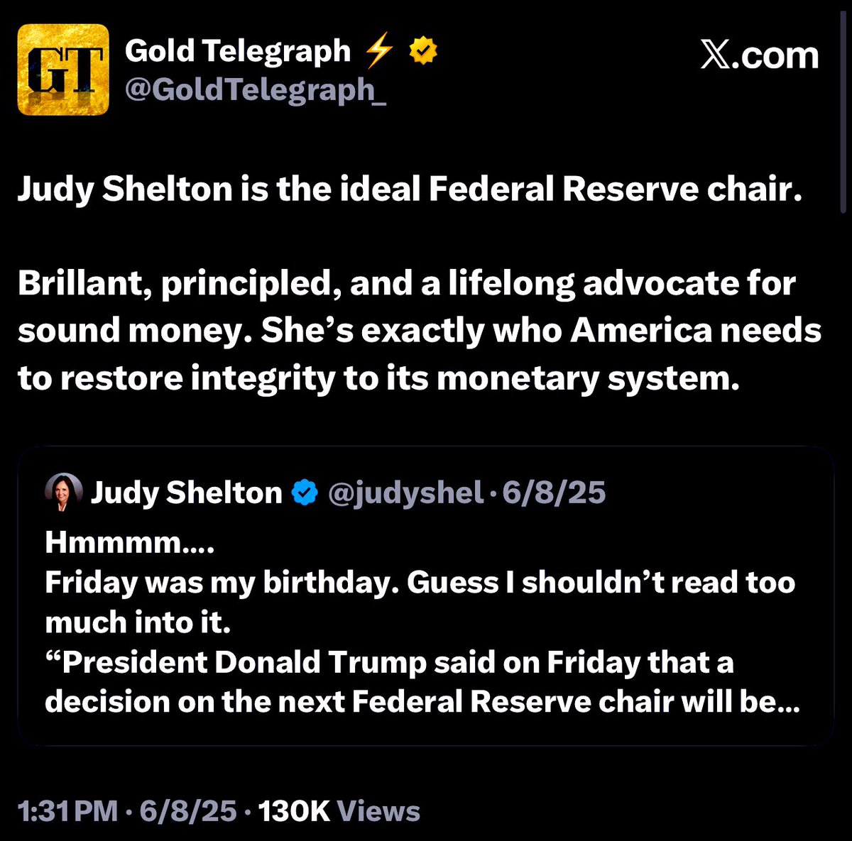 mrjuliusrose's tweet image. i can’t stop buying contracts for judy shelton winning the fed chair nomination. she’s the chosen one.
