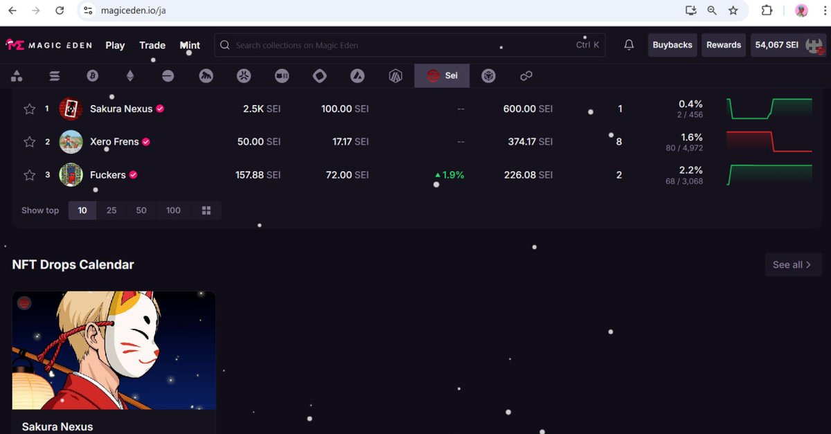🚀 Ranking No.1 on Magic Eden (Sei) 🚀
Sakura Nexus が NFTコレクション取引量ランキング第1位 を達成しました！

コミュニティ（=仲間）の力でここまで来ました。

次のチャレンジも一緒に進んでいきましょう 🌸🔥

#SakuraNexus #SeiNetwork #MagicEden #NFTCommunity 
<a href="/SeiNetwork/">Sei</a> <a href="/GamingOnSei/">Gaming On Sei</a>