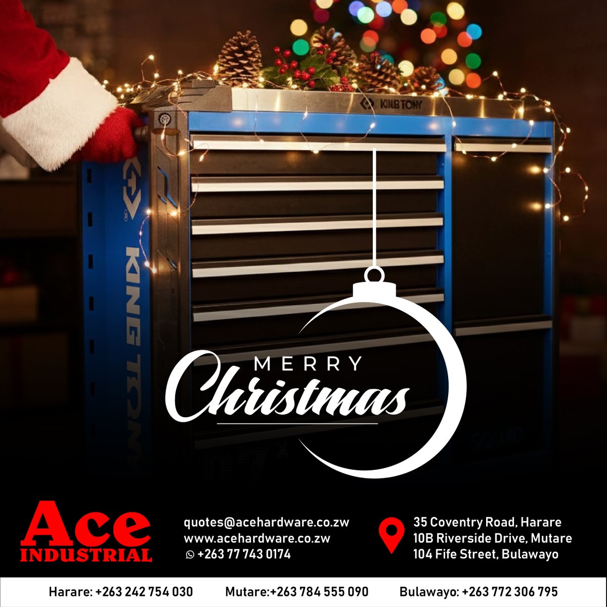 AceHardwarezim's tweet photo. From our workshop to yours.

Thank you for building Zimbabwe with us.

Merry Christmas from Ace Hardware Zimbabwe.

#acehardwarezim #christmas2025 #toolsofthetrade https://t.co/tsI5CaS3gK