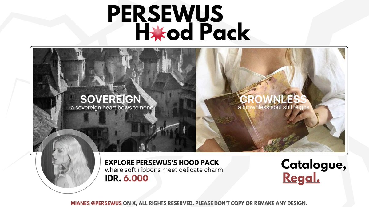 persewus's tweet image. new whispers arrive in the Persewus Hood Pack. fragments of "Regal Antiquity" : TENEBRIS, REGAL, CITADEL &amp;amp; SYLVAN. please show them lots of love &amp;amp; DM me if anything seems off ♡