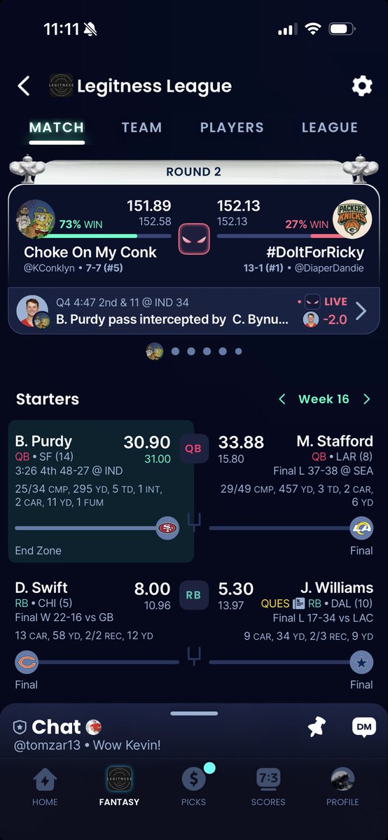 KevinConkdiddy's tweet photo. @SleeperHQ Talk about a bad beat, Purdy’s pick at the end cost me a chance at the championship https://t.co/54BUf98Myq