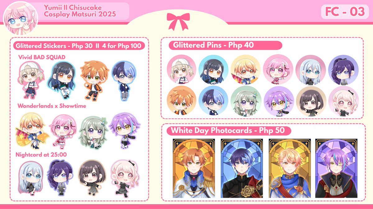 [RTs💜]   

Here's my merch catalogue for #CosplayMatsuri2025,  I'll be tabling with <a href="/yumichisucake/">Yumi🍰</a>. Visit us at Table FC-03. See y'all there !! 🙏✨

🌙Project Sekai, Vocaloid, MyGo x Ave Mujica, Needy Streamer Overload

#FanfairAtCosplayMatsuri2025 
#Cosmatsu2025