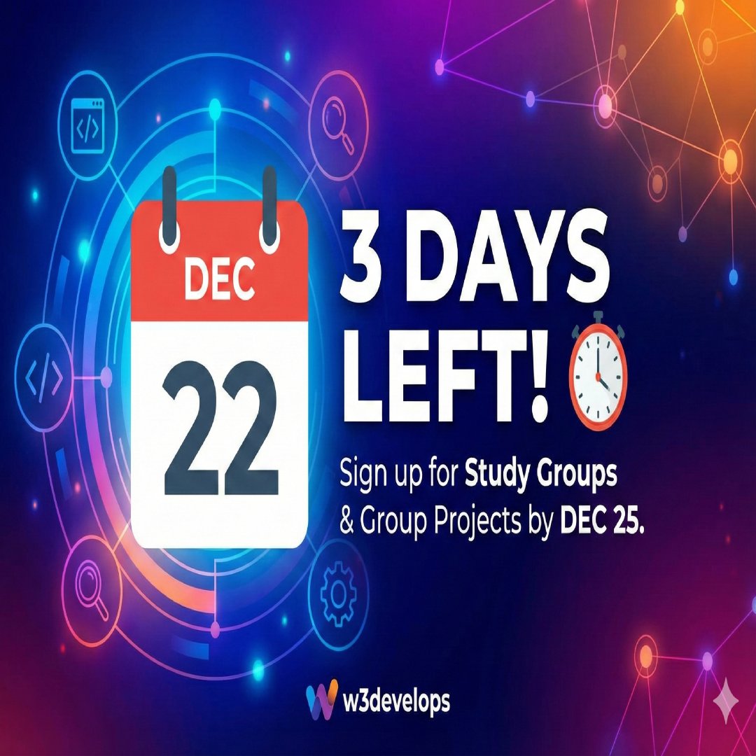 w3Develops's tweet image. Only 3 days left to join the next cohort! Whether you are into AI or Web3, our free study groups are designed to keep you accountable. You'll also get to build portfolio-ready group projects. Sign up by the 25th! #JavaScript #AI #Web3 #w3Develops #100DaysOfCode #freeCodeCamp