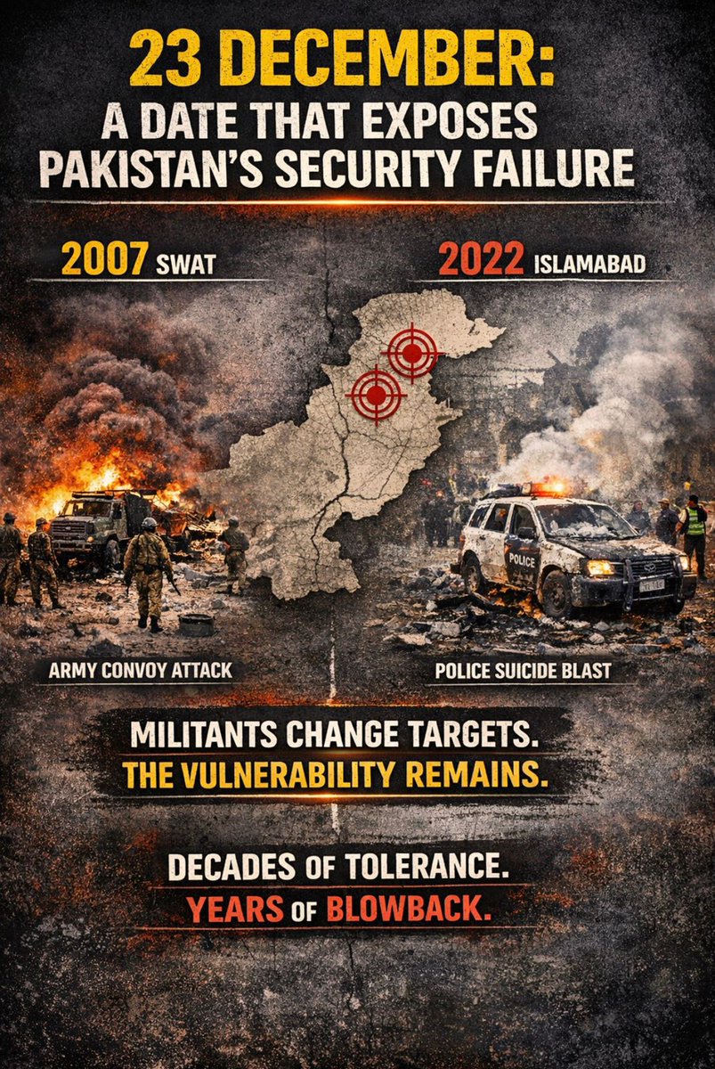 hussain_im35359's tweet image. 23 Dec suicide attacks in Swat (2007) and Islamabad (2022) reveal a repeating pattern of militant access and intelligence failure, exposing Pakistan deep internal security crisis and instability.
#FaildStatePakistan #PakistanInsecurity #PakistanUnstable #ExposingPakistanTerrorism