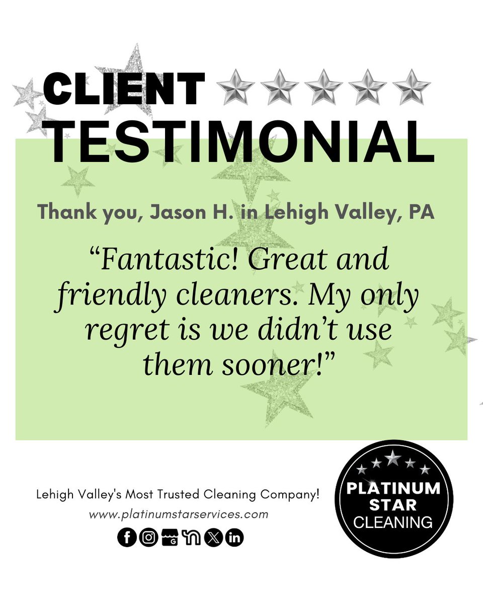 PStarService's tweet image. This is the kind of feedback we LOVE! 💙 Friendly faces, spotless homes, and happy clients—this is the Platinum Star way. ✨🌟
Platinum Star Cleaning 💖
Lehigh Valley's Most Trusted Cleaning Company
🌐 platinumstarservices.com | 📞 610-504-5469
#ClientLove 💙 #FiveStarService ⭐️