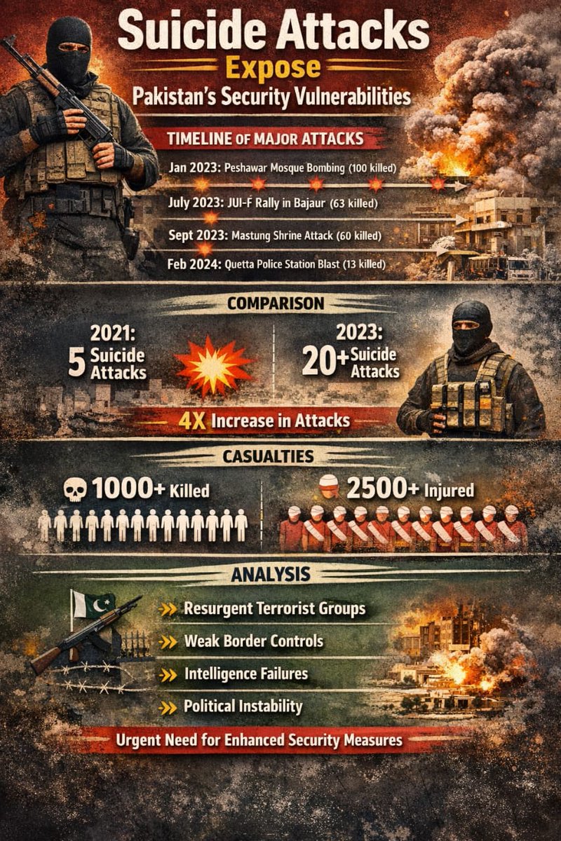 SahilMir191193's tweet image. Rising suicide attacks across the timeline highlight growing casualties and expose Pakistan’s deepening security and intelligence vulnerabilities.

#FaildStatePakistan #PakistanInsecurity #PakistanUnstable #ExposingPakistanTerrorism
