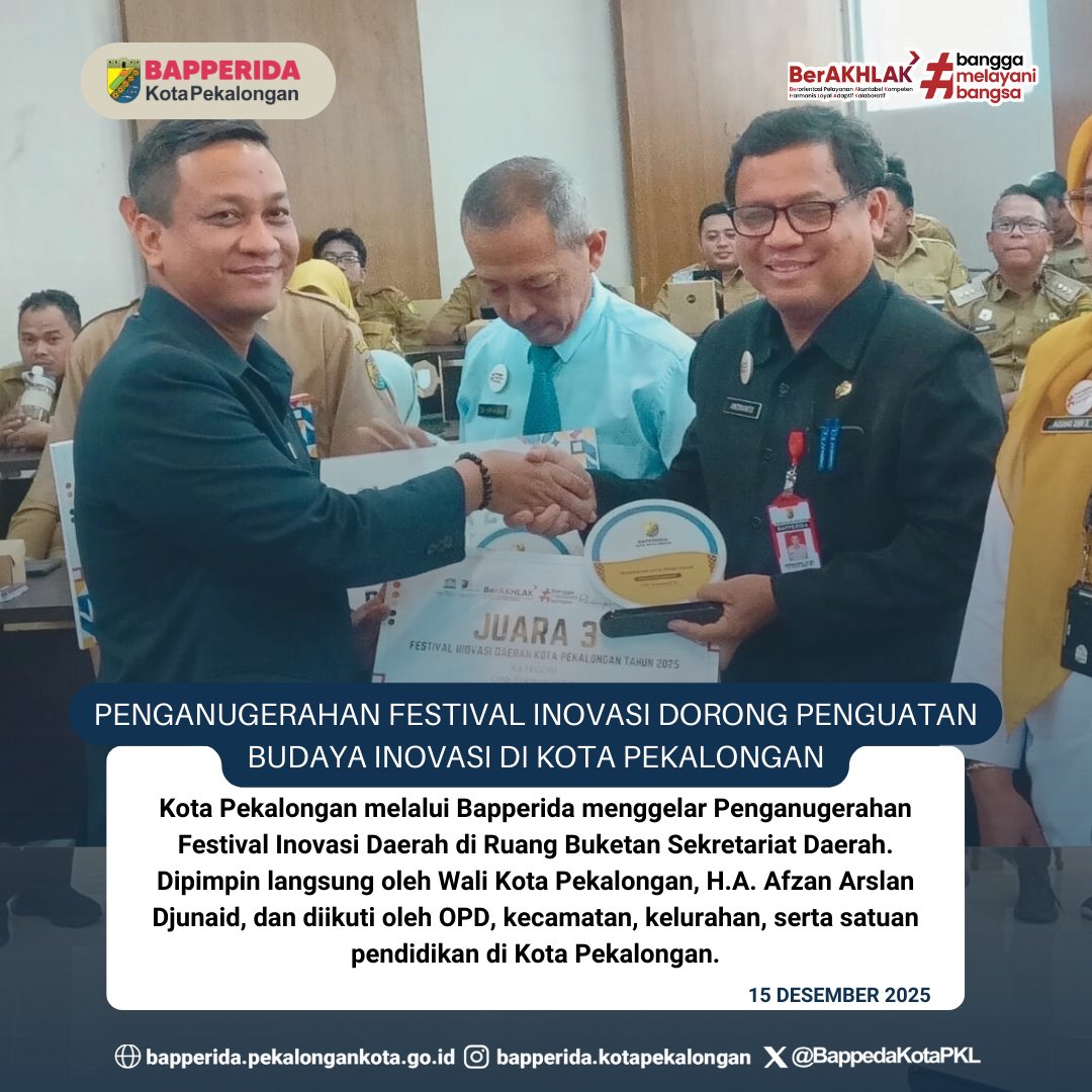 Bapperidapklkot's tweet image. Penganugerahan ini menjadi bentuk apresiasi sekaligus penguatan komitmen Pemerintah Kota Pekalongan dalam mendorong lahirnya inovasi yang berdampak nyata bagi peningkatan kualitas pelayanan publik dan kesejahteraan masyarakat. 
#pekalongan #inovasi #bapperida