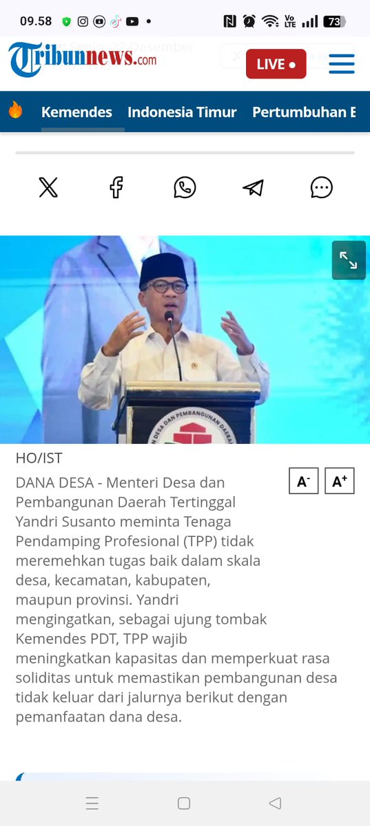 Menteri desa mengatakan, pendamping desa  ujung tombak pembangunan desa, karena itu harus terus meningkatkan kapasitas
#TPPUjungTombakPembangunanDesa
#MenteriDesaPeduliTPP
#PendampingDesaUjungTombakPembangunan

<a href="/prabowo/">Prabowo Subianto</a>
<a href="/YandriSusanto/">Yandri Susanto</a>
<a href="/ArizaPatria/">Ariza Patria</a>
<a href="/KerjaSeskabRI/">Letkol Teddy Indra Wijaya</a>