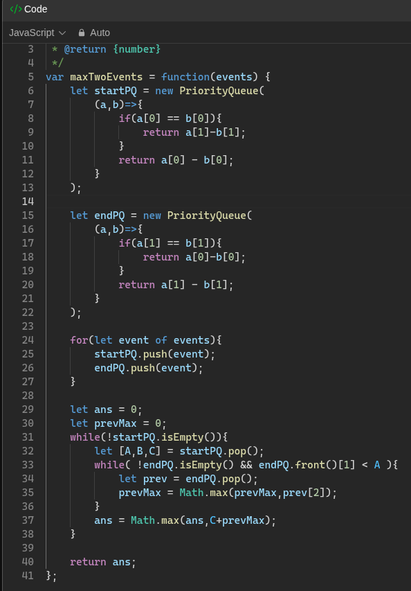 DevGod9's tweet photo. #LeetCode 2054, using two Priority Queues, one ordered by start times, the other with ending times, to sort events. A while loop iterates over valid event pairings to find a max sum of event values for either one big event, or two non overlapping events #JS https://t.co/V3N86pQVcn
